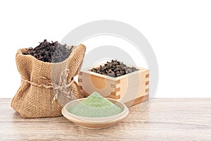 Matcha and Green Tea on wood table isolated on white background with clipping path