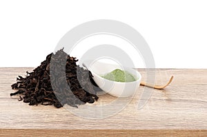 Matcha and Green Tea on wood table isolated on white background with clipping path