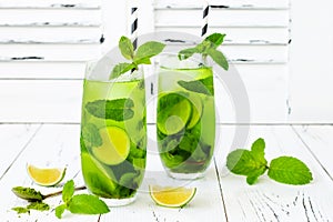 Matcha iced green tea with lime and fresh mint on white rustic background. Super food drink.