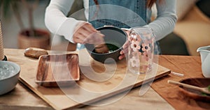 Matcha, kitchen and hands of woman with ingredients for diet drink for health, wellness and nutrition. Morning, home and