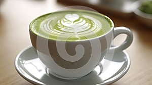 Matcha latte cup closeup background blurred. Generative Ai