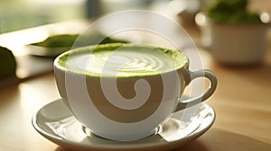 Matcha latte cup closeup background blurred. Generative Ai