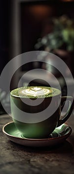 Matcha Latte On Stone Rustic Pub Mobile Wallpeper Postcard. Generative AI