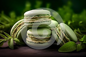 Matcha macaroons close-up on a wooden table, rustic background. Matcha green tea macarons with vanilla and pistachio cream, matcha