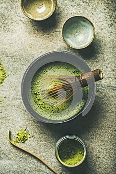 Matcha powder, Chashaku spoon, Chasen bamboo whisk, Chawan bowl, cups