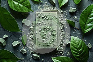 Matcha soap, laid with matcha powder and leaves