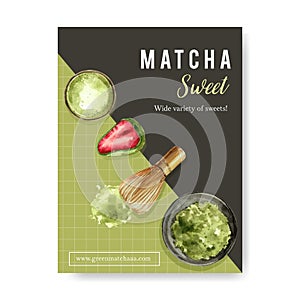 Matcha sweet poster design with Daifuku, bowl, matcha powder watercolor illustration