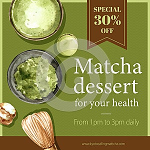 Matcha sweet social media design with choux cream, chasen whisk watercolor illustration
