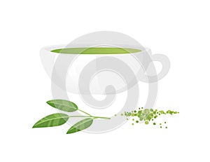 Matcha tea in ceramic cup with green leaves and powder vector illustration isolated on white background