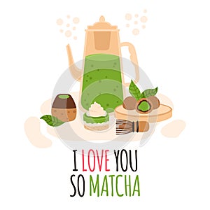 Matcha tea ceremony. Japanese green tea ceremony, matcha latte or tea beverages, teapot and matcha powder preparation