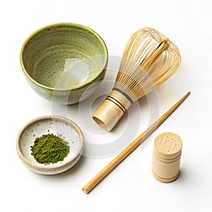 Matcha Tea Ceremony Setup isolated on white background