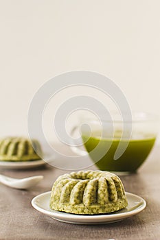 Matcha tea and a dessert made from tapioca pearls and matcha powder