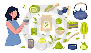 Matcha tea elements. Delicious green desserts and ice-cream, cute woman holds cup with hot drink, organic japanese food