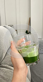 Matcha tea in glass, green detox drink. Healthy lifestyle