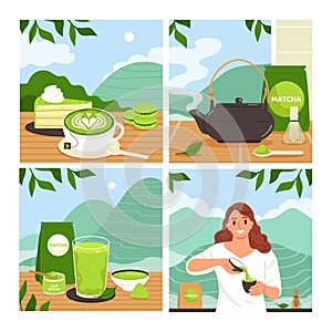 Matcha tea illustrations in flat design