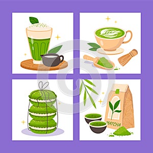 Matcha tea illustrations in flat design set