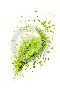 matcha tea powder hovered in the air, fresh healthy bright green drink, isolated element