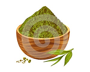 Matcha tea powder in wooden bowl, with green tea leaves. Hand drawn cartoon illustration, isolated on white background