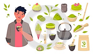 Matcha tea products. Leaves and powder, brewing accessories, sweet desserts and sweets, funny guy with hot drink cup