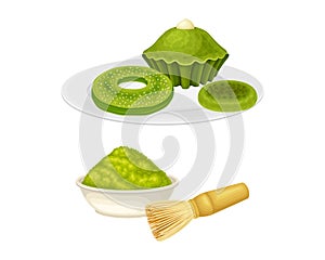 Matcha tea products set. Cookies, cupcake and matcha powder vector illustration