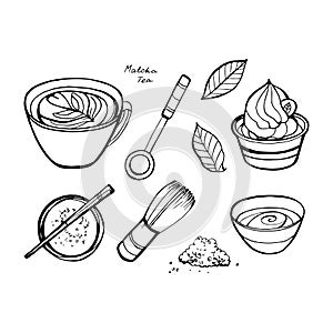 Matcha tea set. Objects isolated. Vector hand drawn illustration.