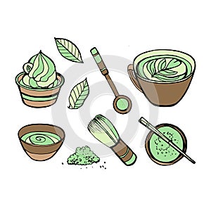 Matcha tea set. Objects isolated. Vector hand drawn illustration.