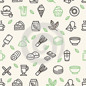 Matcha Tea Sign Seamless Pattern Background on a White. Vector