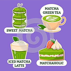 Matcha tea stickers in flat design