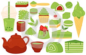 Matcha tea and sweets. Japanese green matcha products, powder, leaves, teapot and cups, bubble tea. Healthy pastry and