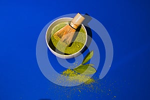 Matcha tea. A traditional oriental drink for health and energy. Powdered green tea and whisk. Photos are sharp in