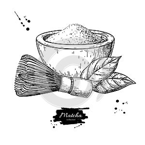 Matcha tea vector drawing. Green tea powder leaves