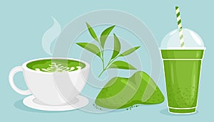 Matcha tea vector illustration set, cartoon flat green powder and leaf, delicious bubble tea, hot cup of matcha latte