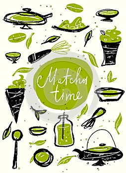 Matcha time. Vector doodle illustration with matcha products. Japanese tea ceremony. Template, poster, banner.