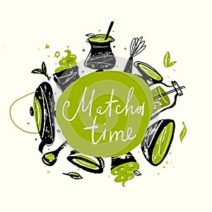 Matcha time. Vector doodle illustration of matcha tea products. Japanese tea ceremony.