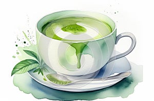 matcha in white mug with green leaves on saucer. traditional Japanese tea, watercolor illustration