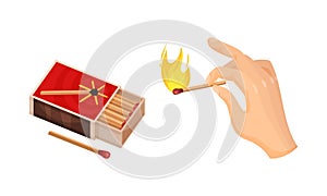 Matchbox and Hand Holding Match as Small Wooden Stick for Starting Fire Vector Set