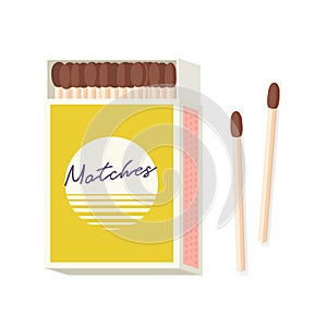 Matchbox and pair of wooden matches lying beside it isolated on white background. Household flammable tool for lighting