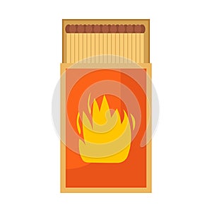 Matchbox vector illustration icon isolated white background. Match box with wooden stick and fire. Wooden danger flammable and