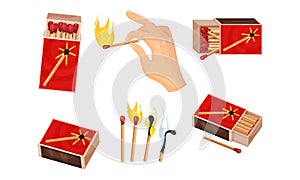 Matchboxes with Matches Inside and with Hand Striking a Match Vector Set