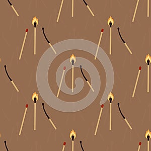 Matches, a burning and burned match. Seamless pattern with matches.
