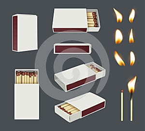 Matches. Flame from wooden stick different points view of containers for matches decent vector realistic templates