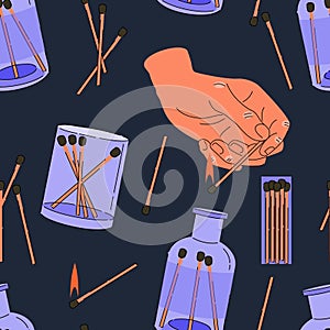 Matches in glass jars, box, hand with burning match seamless pattern