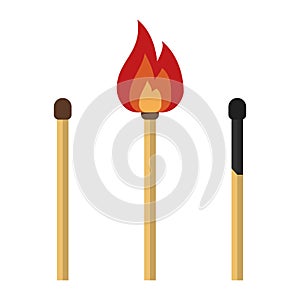 Matches, lighted match and burned match isolated on white background. Vector illustration