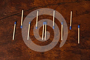 Matches with the match part or blue head, grouped on a wooden table. 4