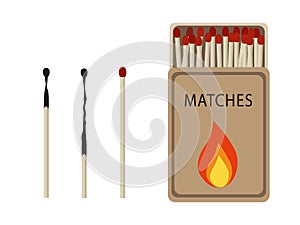 Matches set. Opened matchbox with fire, burnt matchstick isolated on white background