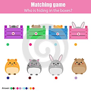 Matching children education game, kids activity. Match animals with box