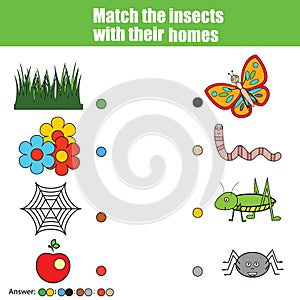 Matching children education game, kids activity. Match insects with home. Animals theme