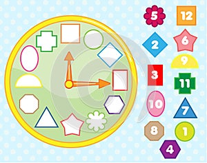 Matching children educational game. Clock puzzle shape sorting for kids and toddlers. Learn numbers, time and forms