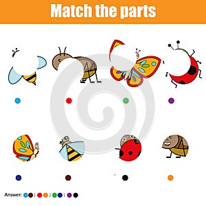 Matching children educational game. Kids activity. Match insects parts. Find missing puzzle