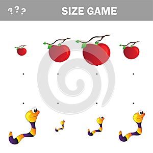 Matching children educational game. Match of cartoon worm and apple to size